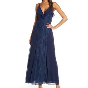 FOXIEDOX Anthropologie Navy Blue Lace Chiffon Gown Dress